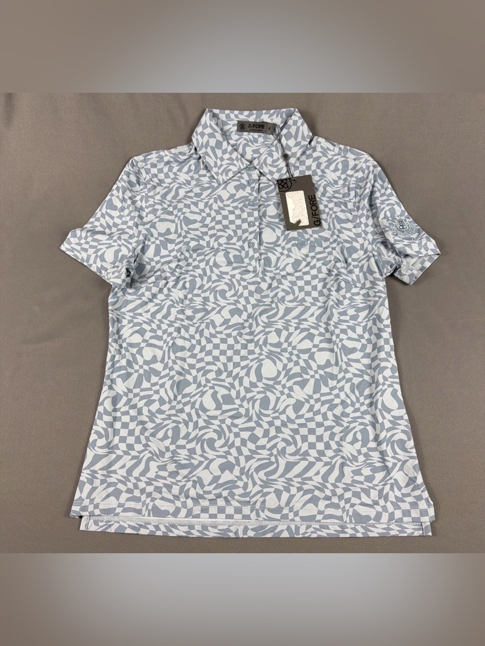G/FORE G4 Womens Golf Shirt Polo Sleeve Logo Distorted Print Small Fjord $120